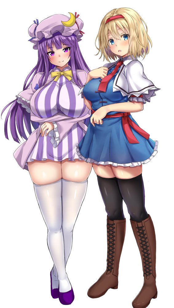 2girls alice_margatroid bangs black_legwear blonde_hair blue_bow blue_dress blue_eyes blue_ribbon blush boots bow bowtie breasts brown_footwear capelet commentary_request cross-laced_footwear dress ebi_193 eyebrows_visible_through_hair frilled_hairband frills full_body hair_between_eyes hair_bow hairband hand_on_own_chest hat hat_ribbon huge_breasts knee_boots lace-up_boots large_breasts lolita_hairband long_hair looking_at_viewer mob_cap multiple_girls necktie open_mouth patchouli_knowledge petticoat purple_capelet purple_dress purple_footwear purple_hair purple_headwear red_hairband red_neckwear red_ribbon red_sash ribbon sash shoes short_dress short_hair short_sleeves sidelocks simple_background skindentation smile standing striped thick_thighs thigh-highs thighs touhou vertical-striped_dress vertical_stripes very_long_hair violet_eyes white_background white_capelet white_legwear yellow_bow yellow_neckwear zettai_ryouiki