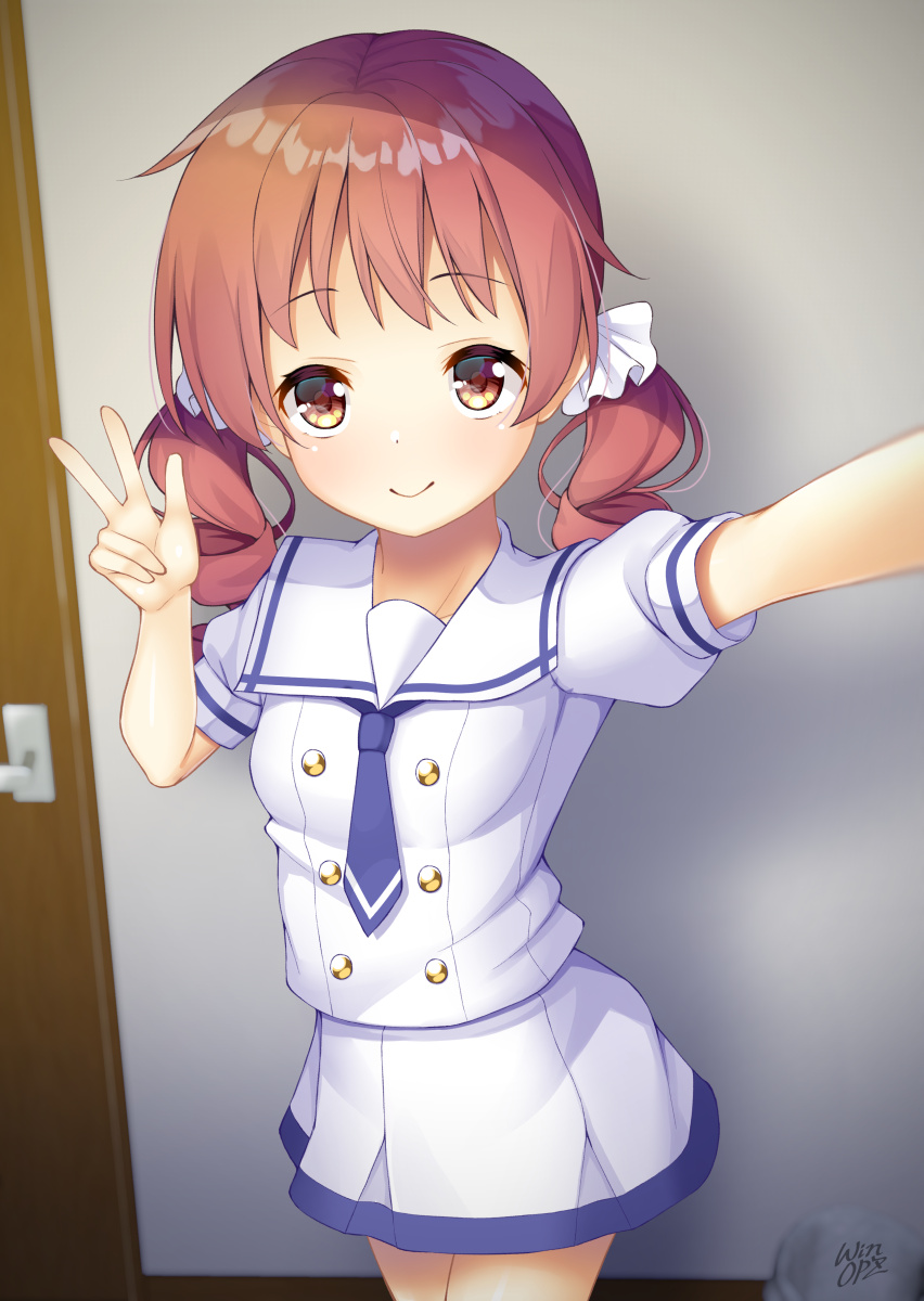 1girl arm_up artist_name door gochuumon_wa_usagi_desu_ka? highres long_hair low_twintails miniskirt natsu_megumi red_eyes redhead school_uniform self_shot serafuku shirt skirt smile solo twintails v white_shirt white_skirt win_opz