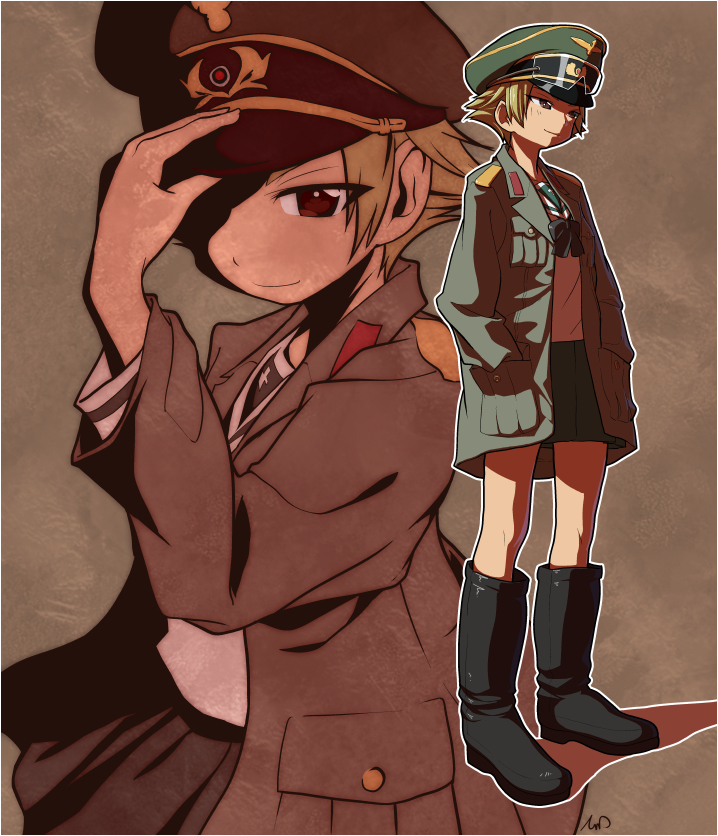 1girl adjusting_headwear artist_name black_bow black_footwear black_neckwear blonde_hair boots bow brown_eyes brown_jacket closed_mouth commentary erwin_(girls_und_panzer) girls_und_panzer goggles goggles_on_headwear green_headwear half-closed_eyes hands_in_pockets hat jacket long_sleeves looking_at_viewer military_hat military_jacket multiple_views ooarai_school_uniform open_clothes open_jacket peaked_cap pointy_hair school_uniform short_hair signature smile solo standing tessaku_ro