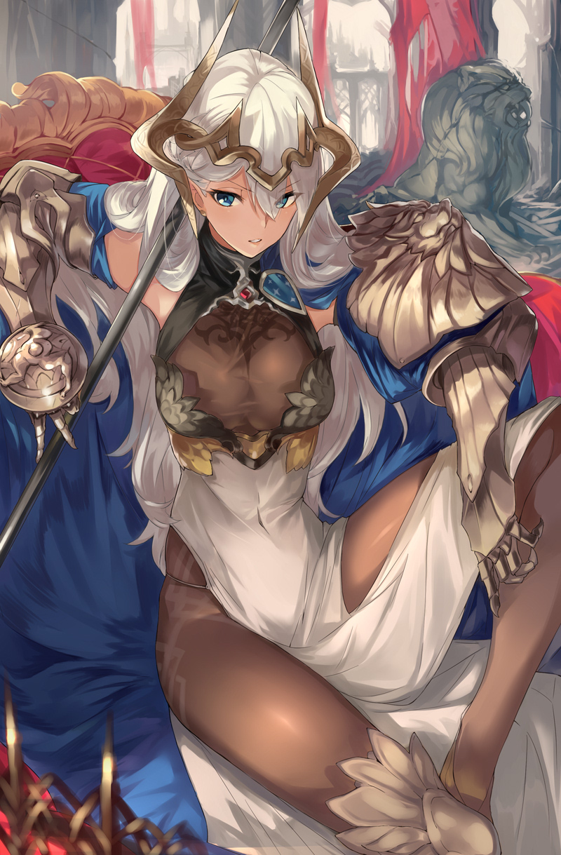 1girl armor armpits blue_eyes bodysuit breasts covered_navel dress gauntlets highres horns knight long_hair ohland original parted_lips silver_hair sitting sleeveless sleeveless_dress statue weapon