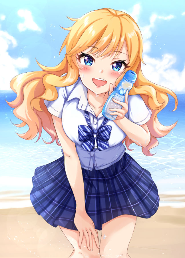 1girl bangs beach blonde_hair blue_eyes blue_skirt blush bottle breasts clouds collarbone commentary_request day dot_nose eyebrows_visible_through_hair holding holding_bottle idolmaster idolmaster_cinderella_girls idolmaster_cinderella_girls_starlight_stage large_breasts long_hair looking_at_viewer namidako ootsuki_yui open_mouth outdoors shirt skirt smile solo water water_bottle wavy_hair white_shirt