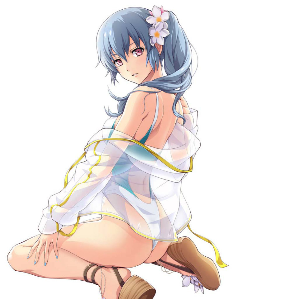 1girl akatsuki_no_kiseki alternate_costume aqua_nails ass back breasts brown_footwear claire_rieveldt eiyuu_densetsu flower hair_flower hair_ornament jacket light_blue_hair looking_at_viewer looking_back medium_breasts medium_hair nail_polish off_shoulder official_art one-piece_swimsuit sandals see-through sen_no_kiseki side_ponytail simple_background sitting solo swimsuit violet_eyes wariza white_background