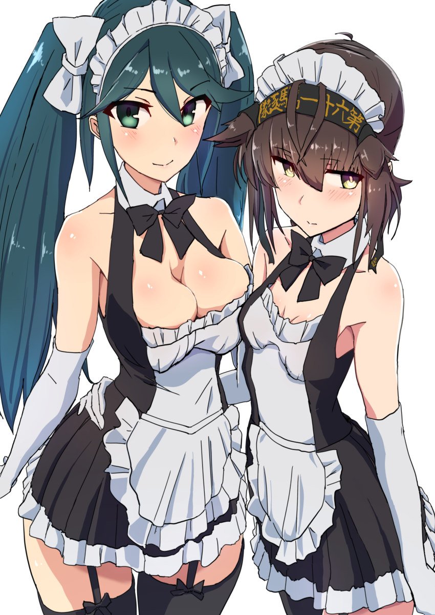 2girls apron bangs black_legwear blue_hair blush bow bowtie breasts brown_hair clothes_writing comala_(komma_la) elbow_gloves garter_straps gloves hachimaki hair_bow hair_flaps hand_on_another's_hip hatsuzuki_(kantai_collection) headband highres isuzu_(kantai_collection) kantai_collection large_breasts long_hair looking_at_viewer looking_away maid maid_apron maid_headdress multiple_girls simple_background sleeveless small_breasts smile twintails white_background white_bow white_gloves