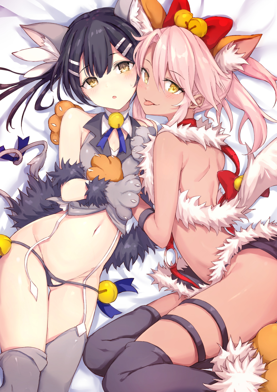 2girls :p animal_ears bell black_hair black_legwear black_panties blush bow breasts chloe_von_einzbern commentary eyebrows_visible_through_hair fake_animal_ears fate/kaleid_liner_prisma_illya fate_(series) fur_trim garter_straps gloves grey_legwear hair_bell hair_between_eyes hair_bow hair_ornament hairclip haishiki hands_on_another's_chest head_tilt highres long_hair looking_at_viewer lowleg lowleg_panties lying miyu_edelfelt multiple_girls navel open_mouth panties paw_gloves paws pink_hair shoulder_blades small_breasts thigh-highs tongue tongue_out twintails underwear yellow_background