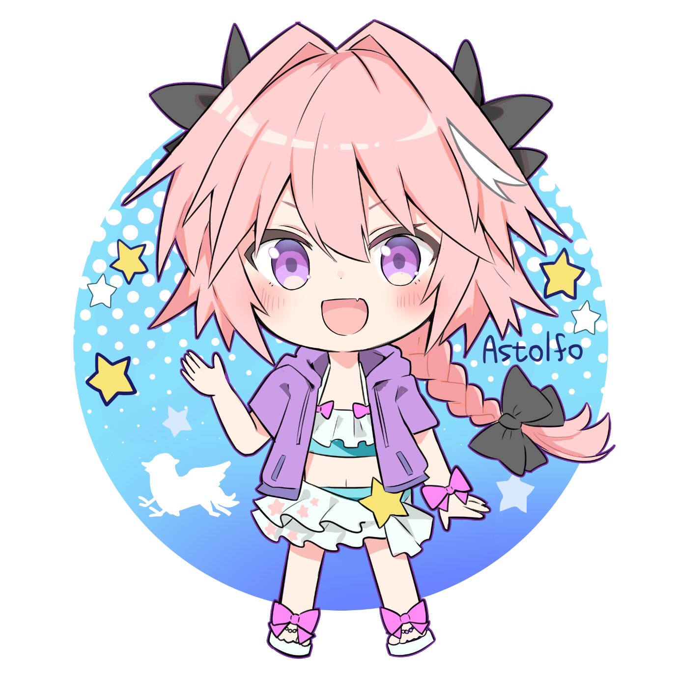 1boy :d astolfo_(fate) bangs bikini black_bow blue_bikini blush bow braid character_name chibi commentary_request fang fate/extella fate/extella_link fate/extra fate_(series) floating_hair full_body hair_between_eyes hair_bow hair_intakes hand_up highres kusumoto_touka long_hair looking_at_viewer male_focus multicolored_hair open_mouth otoko_no_ko pink_bow pink_hair print_skirt shiny shiny_hair single_braid skin_fang skirt smile solo standing star star_print streaked_hair swimsuit v-shaped_eyebrows violet_eyes white_background white_footwear white_skirt wrist_bow