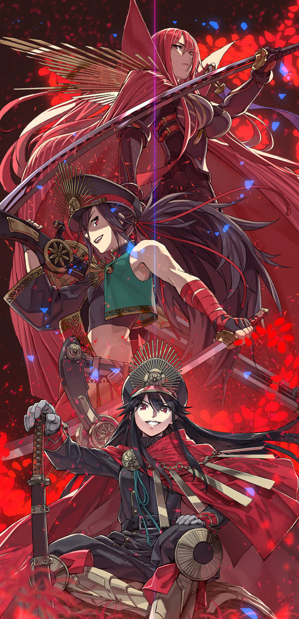 1boy 2girls :d belt black_gloves black_hair bodysuit breastplate breasts cape fate/grand_order fate_(series) fingerless_gloves gloves grin gun hat highres holding holding_sword holding_weapon katana large_breasts long_hair midriff multiple_girls oda_kippoushi_(fate) oda_nobunaga_(fate) oda_nobunaga_(maou_avenger)_(fate) open_mouth red_eyes redhead sheath sheathed sitting smile sword teeth very_long_hair vest weapon white_gloves yahako