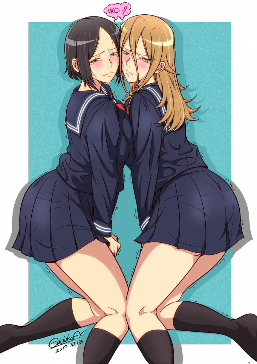 2girls aina_rumika black_hair black_serafuku blue_background blush brown_eyes brown_hair cheek-to-cheek cosplay danberu_nan_kiro_moteru? dated feet_out_of_frame highres kneehighs kneeling long_hair looking_at_viewer multiple_girls school_uniform serafuku short_hair signature simple_background tachibana_satomi teacher thought_bubble user_nuur5827