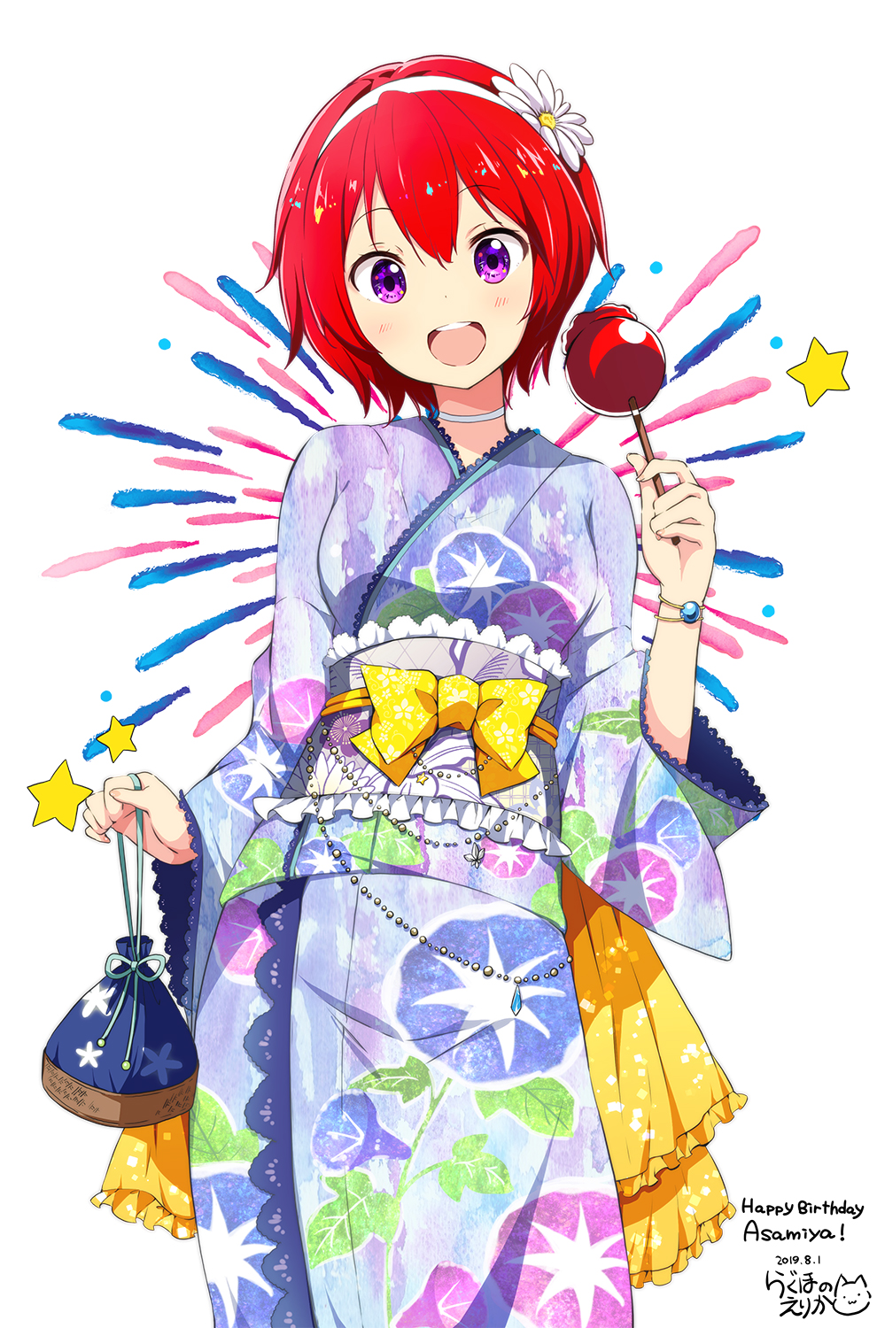 1girl :d aerial_fireworks bag bangs blue_kimono blush bow bracelet candy_apple commentary_request copyright_request dated eyebrows_visible_through_hair fireworks floral_print flower food hair_between_eyes hair_flower hair_ornament hairband happy_birthday head_tilt highres holding holding_bag holding_food japanese_clothes jewelry kimono long_sleeves obi open_mouth print_kimono ragho_no_erika redhead round_teeth sash short_hair signature simple_background sleeves_past_wrists smile solo star teeth upper_teeth violet_eyes virtual_youtuber white_background white_flower white_hairband wide_sleeves yellow_bow yukata