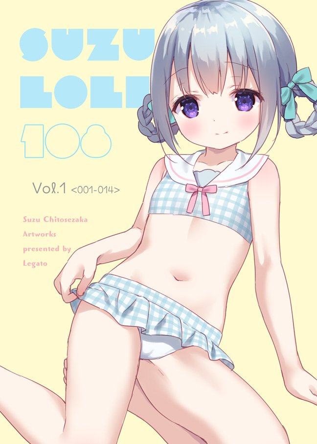 1girl bangs bare_arms bare_legs bare_shoulders barefoot beige_background bikini bikini_skirt blush bow braid breasts chitosezaka_suzu closed_mouth collarbone commentary_request cover cover_page eyebrows_visible_through_hair green_bow hair_bow hair_rings navel original plaid plaid_bikini sailor_bikini sailor_collar sidelocks silver_hair simple_background small_breasts smile solo swimsuit violet_eyes white_bikini_top white_sailor_collar