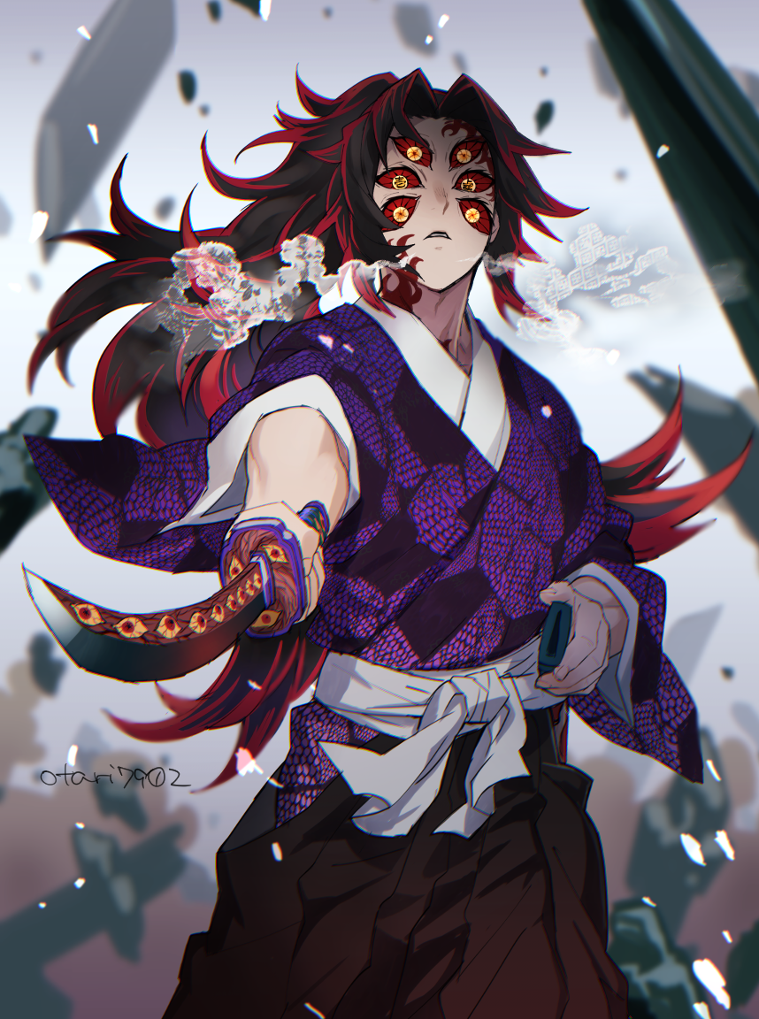 1boy black_hair breath extra_eyes facial_mark holding holding_weapon indesign japanese_clothes katana kimetsu_no_yaiba kokushibou long_hair male_focus ponytail red_sclera redhead sheath solo spiky_hair sword twitter_username weapon yellow_eyes