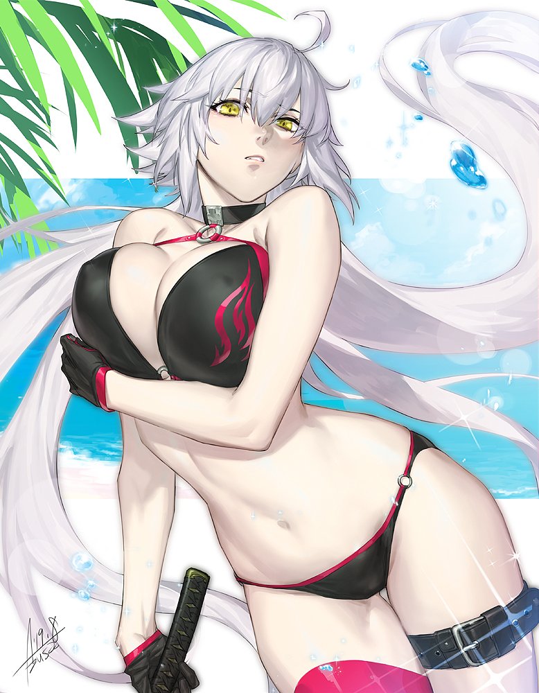 ahoge azusa_(hws) bikini black_bikini choker fate/grand_order fate_(series) jeanne_d'arc_(alter_swimsuit_berserker) jeanne_d'arc_(fate)_(all) o-ring o-ring_bikini o-ring_bottom o-ring_top red_legwear single_thighhigh swimsuit thigh-highs thigh_strap yellow_eyes