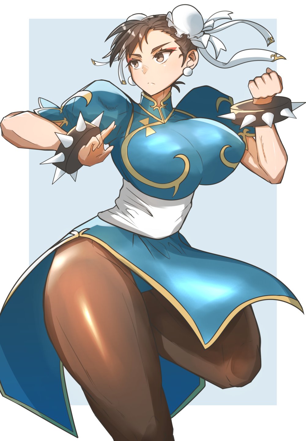 1girl blue_background blue_dress border bracelet breasts brown_eyes brown_hair brown_legwear bun_cover china_dress chinese_clothes chun-li clenched_hand cowboy_shot double_bun dress earrings eyebrows eyeshadow fighting_stance frown gin_moku highres huge_breasts jewelry large_breasts makeup muscle pantyhose pelvic_curtain puffy_short_sleeves puffy_sleeves sash short_sleeves side_slit solo spiked_bracelet spikes standing standing_on_one_leg street_fighter thick_thighs thighs unitard white_border