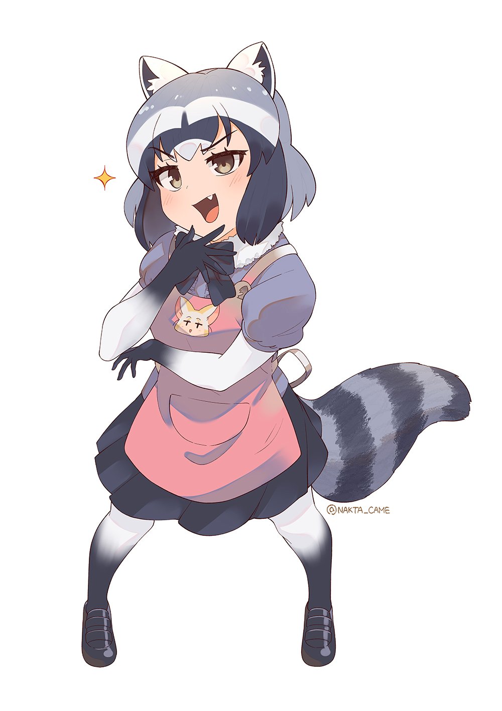 1girl alternate_costume animal_ears apron blush bow bowtie commentary_request common_raccoon_(kemono_friends) dark_blue_hair elbow_gloves eyebrows_visible_through_hair fang fox_ears fur_collar gloves grey_hair highres kemono_friends loafers multicolored_hair nakta_came open_mouth pantyhose pink_apron pleated_skirt pose puffy_short_sleeves puffy_sleeves raccoon_ears raccoon_tail shoes short_hair short_sleeves signature skirt solo star tail