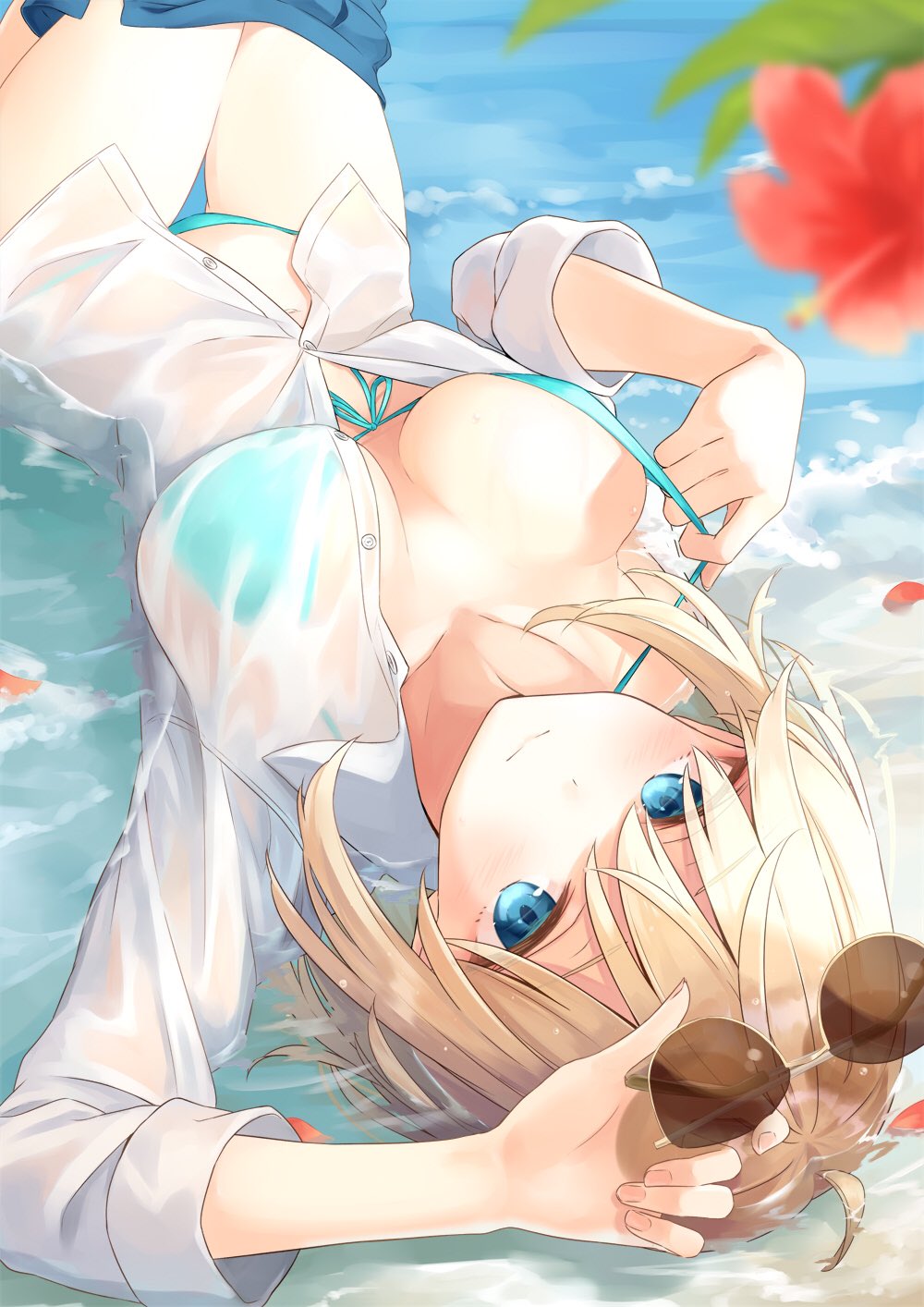 1girl azuuru bangs bikini bikini_tug blonde_hair blue_bikini blue_eyes blue_skirt blush breasts collarbone day eyebrows_visible_through_hair eyewear_removed fate/grand_order fate_(series) highres holding holding_eyewear jeanne_d'arc_(fate)_(all) jeanne_d'arc_(swimsuit_archer) large_breasts long_hair looking_at_viewer lying on_back outdoors partially_submerged shirt skirt skirt_pull smile solo sunglasses swimsuit very_long_hair wet wet_clothes white_shirt