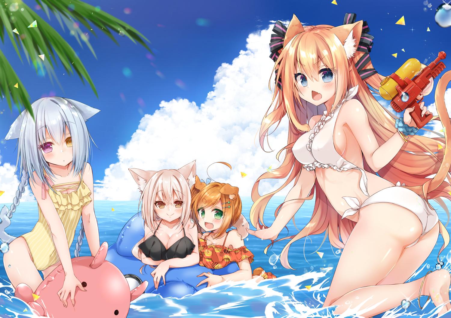 4girls :d animal_ear_fluff animal_ears anklet ass bare_arms bare_shoulders bikini black_bikini blue_sky blush braid breasts brown_bikini brown_eyes brown_hair cat_ears cat_girl cat_tail chestnut_mouth closed_mouth clouds cloudy_sky commentary_request day dog_ears fang green_eyes hair_ornament hairclip heterochromia holding horizon inflatable_toy jewelry large_breasts lemon_print long_hair mao_(alepricos) medium_breasts multiple_girls ocean open_mouth original outdoors palm_tree print_bikini short_eyebrows silver_hair single_braid sky smile soles standing standing_on_one_leg striped swimsuit tail thick_eyebrows tree two_side_up v-shaped_eyebrows vertical-striped_swimsuit vertical_stripes very_long_hair violet_eyes wading wardrobe_malfunction water water_gun white_bikini yellow_swimsuit