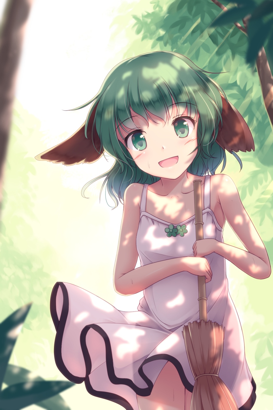 1girl alternate_costume animal_ears bamboo_broom blurry blush broom collarbone cowboy_shot dappled_sunlight depth_of_field dress eyebrows_visible_through_hair green_hair head_tilt highres holding holding_broom kasodani_kyouko looking_at_viewer lzh open_mouth outdoors short_hair sleeveless sleeveless_dress solo standing sundress sunlight sweat touhou tree white_dress wind wind_lift