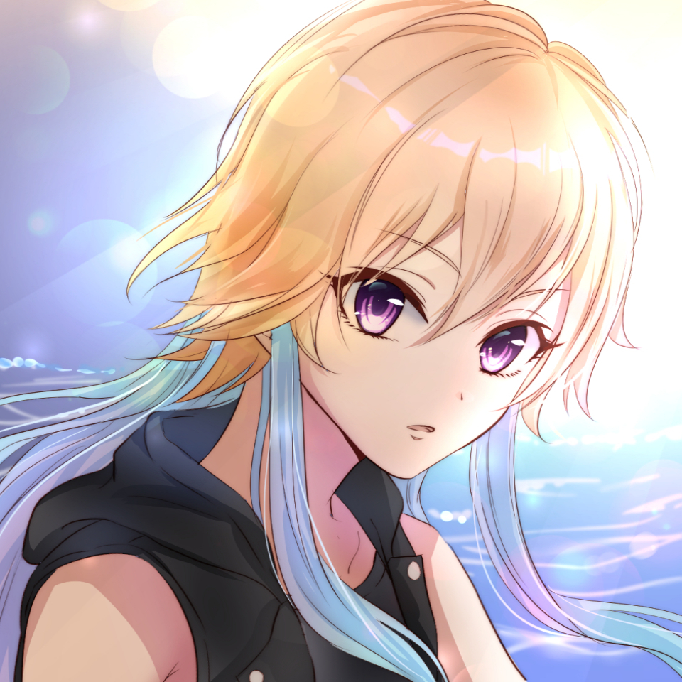 1girl ayase_aya blonde_hair collarbone floating_hair idolmaster idolmaster_cinderella_girls long_hair looking_at_viewer multicolored_hair ninomiya_asuka open_mouth portrait silver_hair sleeveless solo two-tone_hair violet_eyes