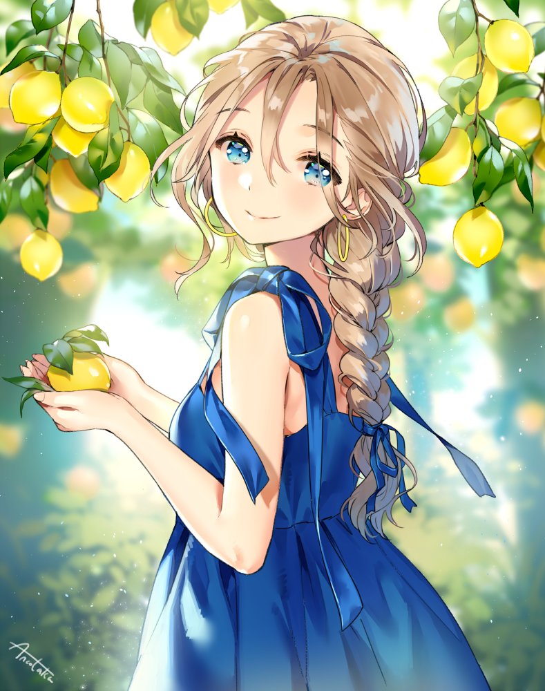 1girl ancotaku backlighting bangs bare_arms bare_shoulders blue_dress blue_eyes blue_ribbon blurry blurry_background blush braid brown_hair closed_mouth commentary_request day depth_of_field dress earrings eyebrows_visible_through_hair fingernails food fruit hair_between_eyes hair_ribbon holding holding_food hoop_earrings jewelry lemon long_hair looking_at_viewer looking_to_the_side original outdoors ribbon signature sleeveless sleeveless_dress smile solo