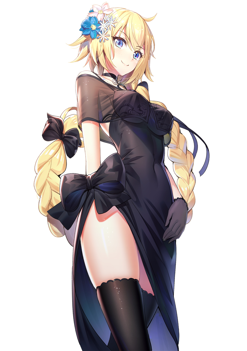 1girl bangs bare_shoulders black_bow black_dress black_legwear blonde_hair blue_eyes blue_flower blush bow braid breasts closed_mouth commentary_request dress eyebrows_visible_through_hair fate/grand_order fate_(series) flower hair_between_eyes hair_bow hair_flower hair_ornament heroic_spirit_formal_dress highres jeanne_d'arc_(fate) jeanne_d'arc_(fate)_(all) long_hair medium_breasts ririko_(zhuoyandesailaer) see-through side_slit simple_background smile solo thigh-highs very_long_hair white_background white_flower