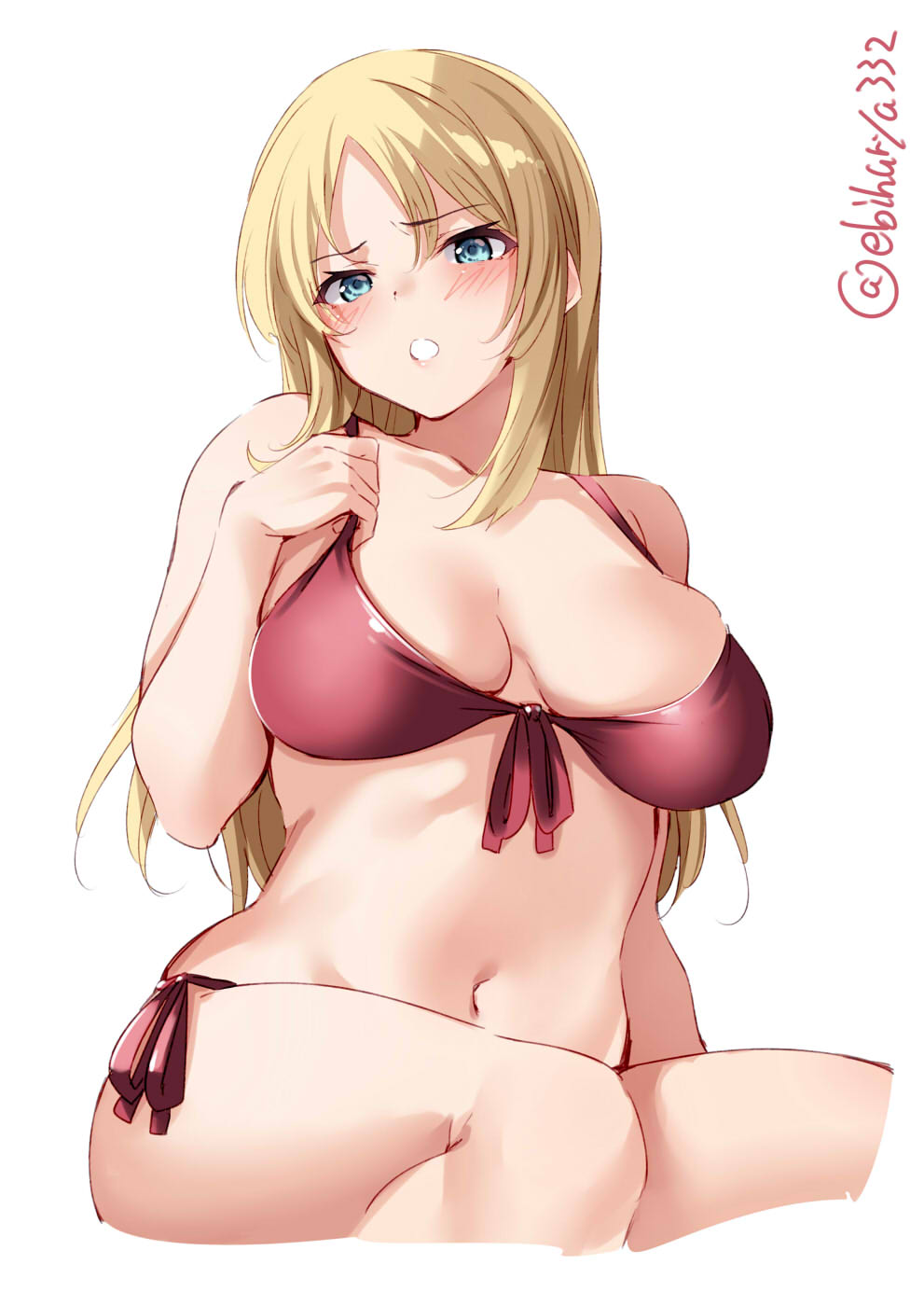 1girl bikini bikini_bottom bikini_top blonde_hair blush breasts cowboy_shot ebifurya front-tie_bikini front-tie_top highres kantai_collection large_breasts long_hair navel nelson_(kantai_collection) open_mouth red_bikini side-tie_bikini solo stomach swimsuit twitter_username white_background