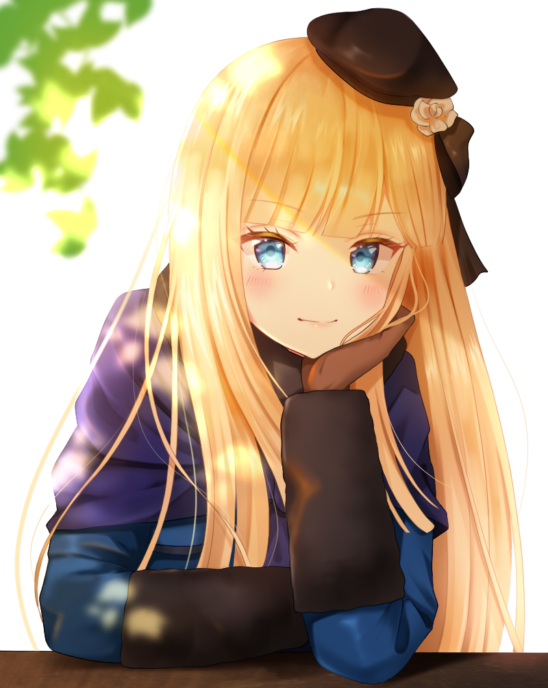 1girl arm_support backlighting bangs beret blonde_hair blue_coat blue_eyes blush bow brown_bow brown_gloves brown_headwear closed_mouth commentary_request eyebrows_visible_through_hair fate_(series) flower gloves hair_bow hair_flower hair_ornament hat head_in_hand light_smile long_hair long_sleeves lord_el-melloi_ii_case_files nasii reines_el-melloi_archisorte revision rose simple_background solo upper_body v-shaped_eyebrows white_background white_flower white_rose