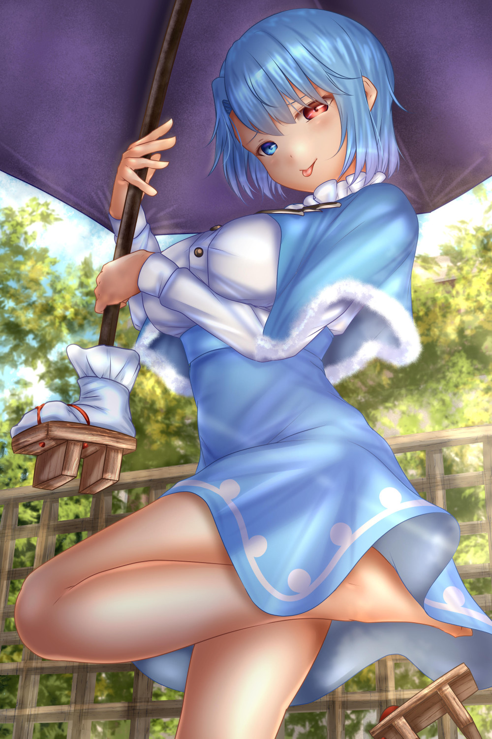 alternate_costume bangs blue_eyes blue_hair capelet commentary_request geta heterochromia highres holding holding_umbrella juliet_sleeves karakasa_obake long_sleeves puffy_sleeves red_eyes shirt short_hair shounen_(hogehoge) skirt tatara_kogasa tongue tongue_out touhou umbrella white_shirt