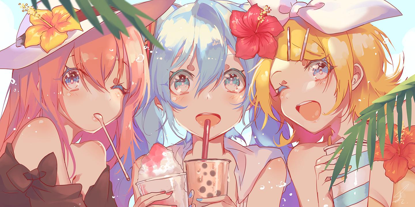 3girls bare_shoulders blonde_hair blue_eyes blue_hair blush bow bubble_tea commentary cup day disposable_cup drinking_straw flower hair_bow hair_flower hair_ornament hairclip hat hat_flower hatsune_miku hibiscus holding holding_cup kagamine_rin looking_at_viewer megurine_luka multiple_girls nail_polish one_eye_closed open_mouth outdoors palm_leaf pink_hair saihate_(d3) shaved_ice shoulder_blush smile spoon spoon_in_mouth straight_hair sun_hat twintails upper_body very_long_sleeves vocaloid white_bow