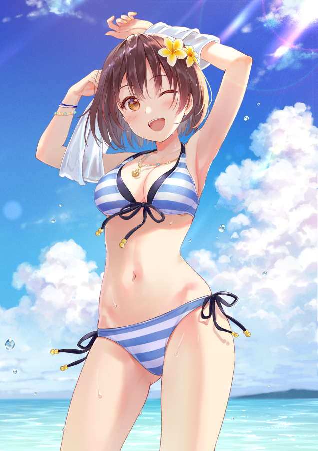 1girl arms_up ass_visible_through_thighs beach bikini blue_sky breasts brown_eyes brown_hair clouds commentary_request cowboy_shot day flower front-tie_top fukahire_(ruinon) hair_flower hair_ornament horizon looking_at_viewer medium_breasts ocean one_eye_closed open_mouth outdoors shirt short_hair side-tie_bikini sky smile solo standing striped striped_bikini swimsuit t-shirt undressing upper_teeth