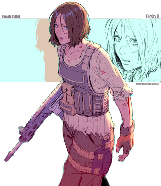 1girl bangs battle_rifle blood bloody_clothes blue_eyes brown_hair commentary commission english_commentary facial_scar far_cry_5 fingerless_gloves flat_chest gloves gun lips load_bearing_vest messy_hair military_operator parted_bangs parted_lips rejean_dubois rifle scar scar_on_cheek short_hair solo torn_clothes walking weapon weapon_request zoom_layer