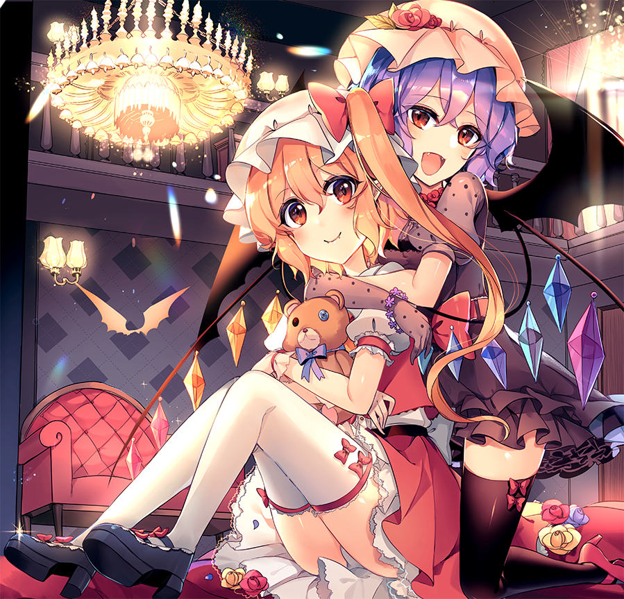 2girls :d alternate_costume ass bangs bat bat_wings black_dress black_footwear black_legwear blonde_hair blush bow chandelier commentary_request couch crystal dress eyebrows_visible_through_hair fangs fangs_out flandre_scarlet flower hair_between_eyes hat hat_bow hat_flower high_heels holding holding_stuffed_animal hug hug_from_behind indoors kirero kneeling lavender_hair leaf light_particles long_hair looking_at_viewer mary_janes miniskirt mob_cap multiple_girls one_side_up open_mouth panties pantyshot pantyshot_(sitting) petticoat pink_headwear pointy_ears puffy_short_sleeves puffy_sleeves purple_bow railing red_bow red_flower red_footwear red_rose red_sash red_skirt red_vest remilia_scarlet rose sash shirt shoes short_dress short_sleeves siblings sidelocks sisters sitting skirt skirt_set smile stuffed_animal stuffed_toy teddy_bear thigh-highs thighs touhou underwear vest white_headwear white_panties white_shirt wings yellow_flower yellow_rose