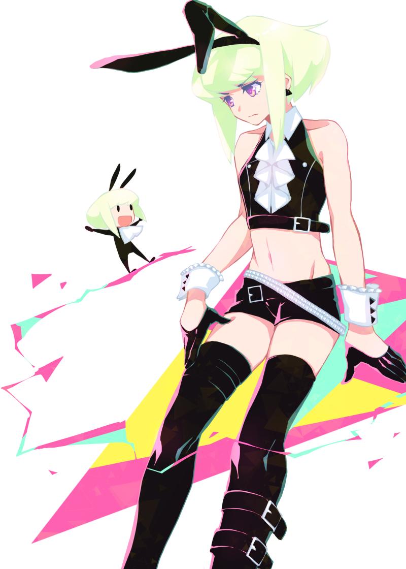 animal_ears black_legwear c_kihara chibi closed_mouth earrings gloves green_hair half_gloves jewelry lio_fotia male_focus midriff open_mouth promare rabbit_ears shorts thigh-highs violet_eyes wrist_cuffs