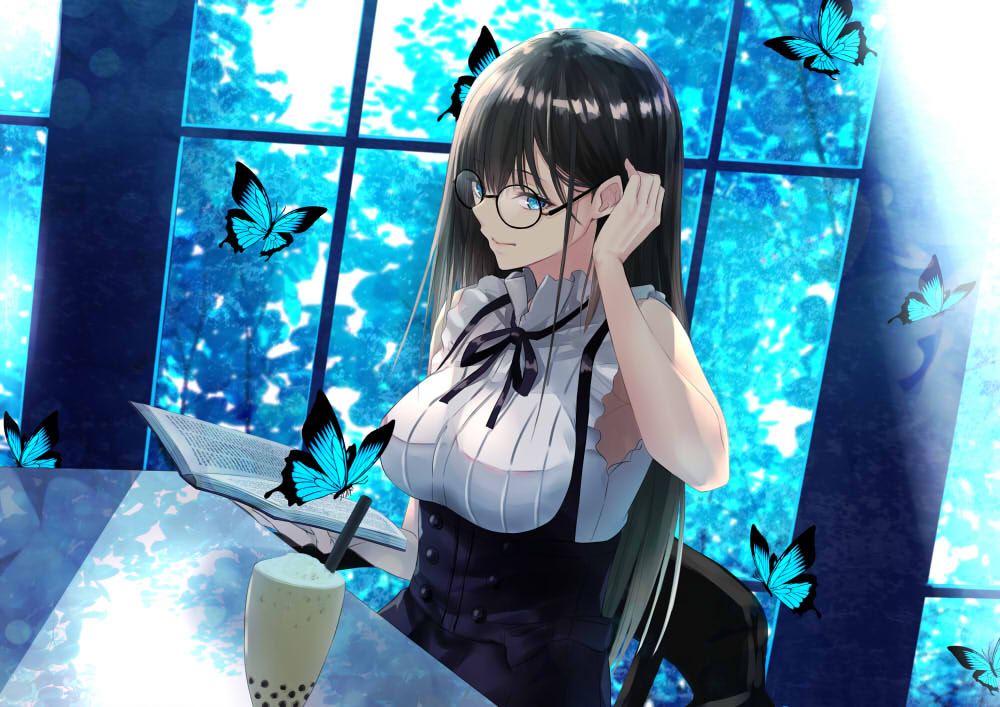 1girl bangs bare_arms bare_shoulders black-framed_eyewear black_hair black_neckwear black_ribbon black_skirt blue_eyes book breasts bubble_tea bug butterfly chair commentary_request cup drinking_glass drinking_straw eyebrows_visible_through_hair glasses hair_between_eyes hand_up high-waist_skirt holding holding_book indoors insect large_breasts lens_flare long_hair looking_at_viewer nabeshima_tetsuhiro neck_ribbon original ribbon round_eyewear shirt sitting skirt sleeveless sleeveless_shirt smile solo table upper_body white_shirt