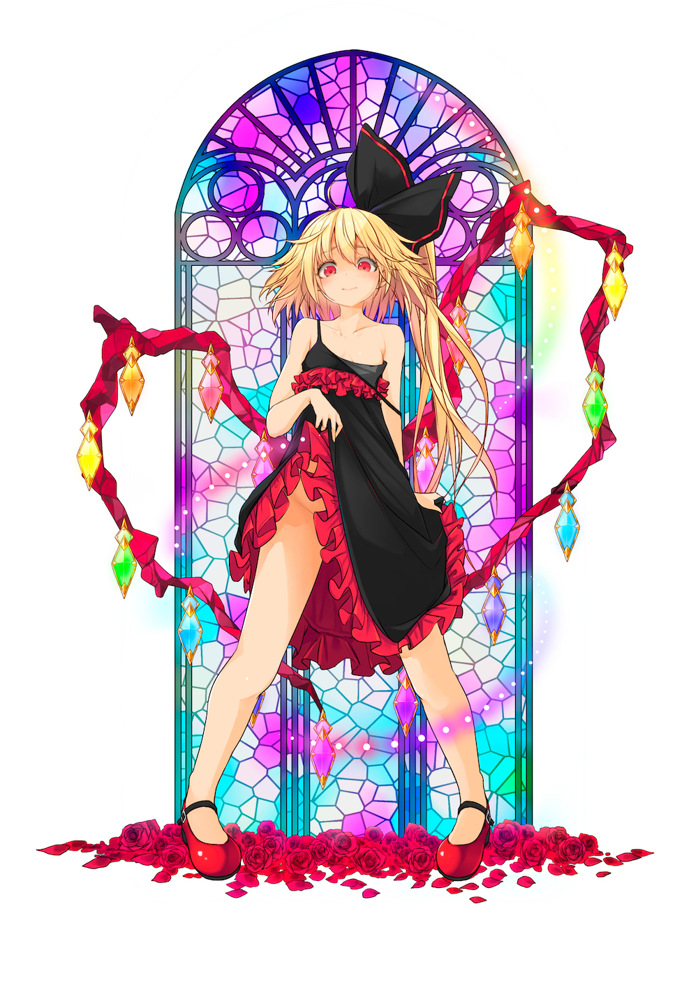 .sin black_dress blonde_hair dress flandre_scarlet flower highres legs_apart lifted_by_self looking_at_viewer mary_janes no_panties red_eyes rose shoes side_ponytail stained_glass touhou wings