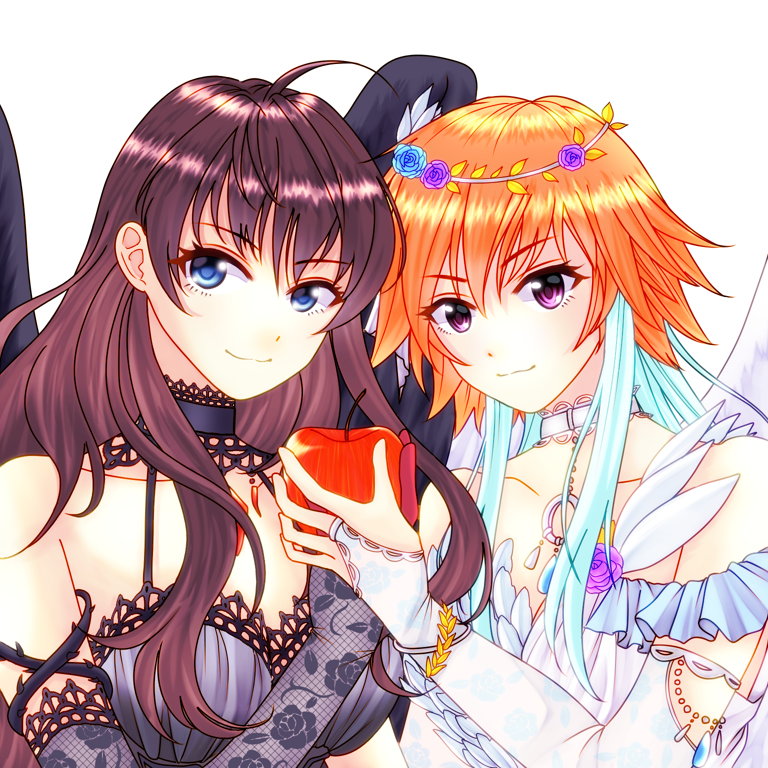 2girls ahoge angel_wings apple black_dress black_gloves black_wings blue_eyes blue_hair breasts bridal_gauntlets brown_hair collarbone commentary_request dimension-3_(idolmaster) dress elbow_gloves eyebrows_visible_through_hair fishnet_gloves fishnets food fruit gloves hair_between_eyes holding holding_food holding_fruit ichinose_shiki idolmaster idolmaster_cinderella_girls idolmaster_cinderella_girls_starlight_stage light_smile long_hair looking_at_viewer medium_breasts multicolored_hair multiple_girls ninomiya_asuka orange_hair simple_background strapless strapless_dress two-tone_hair upper_body violet_eyes white_background white_dress white_gloves white_wings wings