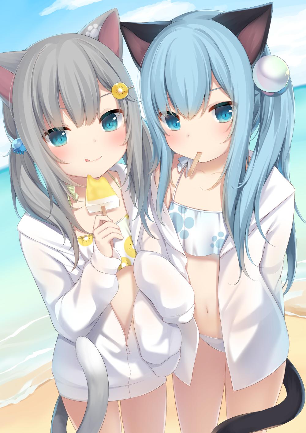 2girls amashiro_natsuki animal_ears bangs bare_shoulders bikini bikini_under_clothes blue_eyes blue_hair blue_sky cat_ears cat_girl cat_tail clouds collarbone commentary day eyebrows_behind_hair food grey_hair hair_between_eyes highres holding holding_food horns jacket locked_arms long_hair long_sleeves multiple_girls navel nekoha_shizuku ocean off_shoulder open_clothes open_jacket original outdoors sky sleeves_past_fingers sleeves_past_wrists swimsuit tail twintails water white_bikini white_jacket