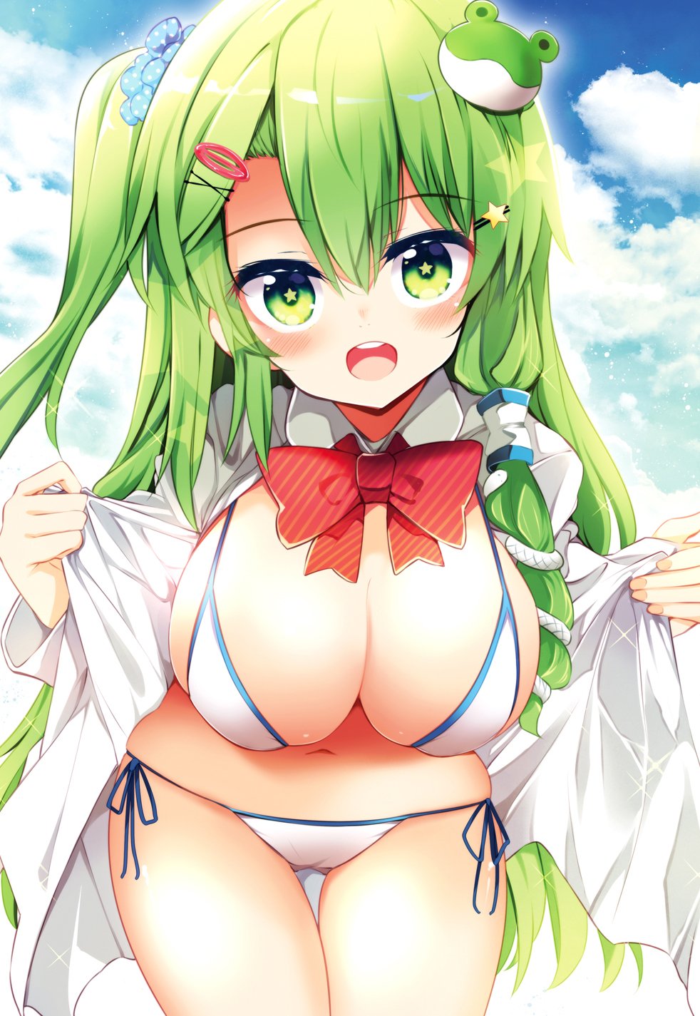 1girl alternate_hairstyle bangs bikini blue_sky blush bow bowtie breasts clouds commentary_request cowboy_shot day eyebrows_visible_through_hair frog_hair_ornament green_eyes green_hair hair_between_eyes hair_ornament hair_tubes hairclip highres kochiya_sanae large_breasts leaning_forward long_hair long_sleeves looking_at_viewer maturiuta_sorato navel one_side_up open_clothes open_mouth open_shirt outdoors red_bow red_neckwear shirt side-tie_bikini sidelocks sky smile snake_hair_ornament solo sparkle standing star star-shaped_pupils star_hair_ornament stomach swimsuit symbol-shaped_pupils thighs touhou very_long_hair white_bikini white_shirt