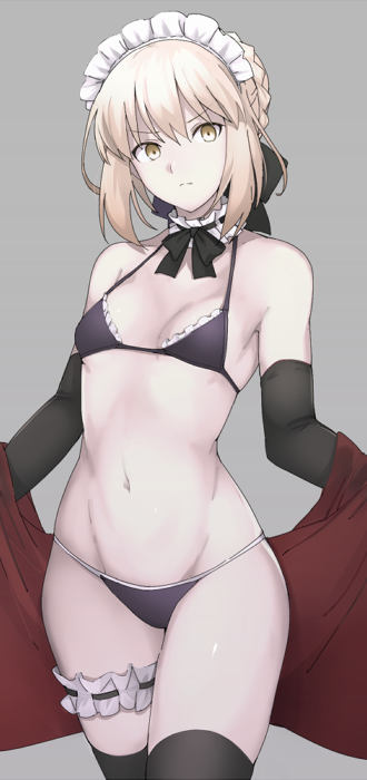 1girl artoria_pendragon_(all) artoria_pendragon_(swimsuit_rider_alter) bare_shoulders bikini black_bikini black_bow black_gloves black_legwear blonde_hair bow braid breasts choker closed_mouth cowboy_shot elbow_gloves fate/grand_order fate_(series) frilled_choker frills frown gloves grey_background groin hair_bow halter_top halterneck leg_garter looking_at_viewer maid_headdress mobu navel short_hair simple_background small_breasts solo standing swimsuit thigh-highs v-shaped_eyebrows yellow_eyes