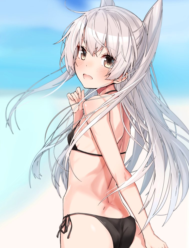 1girl amatsukaze_(kantai_collection) bangs beach bikini black_bikini blush breasts day from_behind head_tilt kantai_collection long_hair open_mouth outdoors side-tie_bikini silver_hair sky small_breasts solo swimsuit takanashi_kei_(hitsujikan) two_side_up yellow_eyes