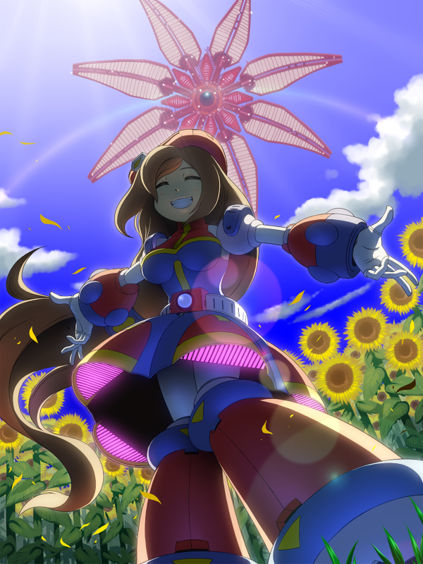 1girl android beret blue_sky breasts brown_hair capcom closed_eyes clouds commentary_request flower from_below gloves hat iris_(rockman_x) knees_together_feet_apart long_hair low-tied_long_hair medium_breasts napo outstretched_arms red_headwear rockman rockman_x rockman_x4 sky smile standing sunflower teeth white_gloves