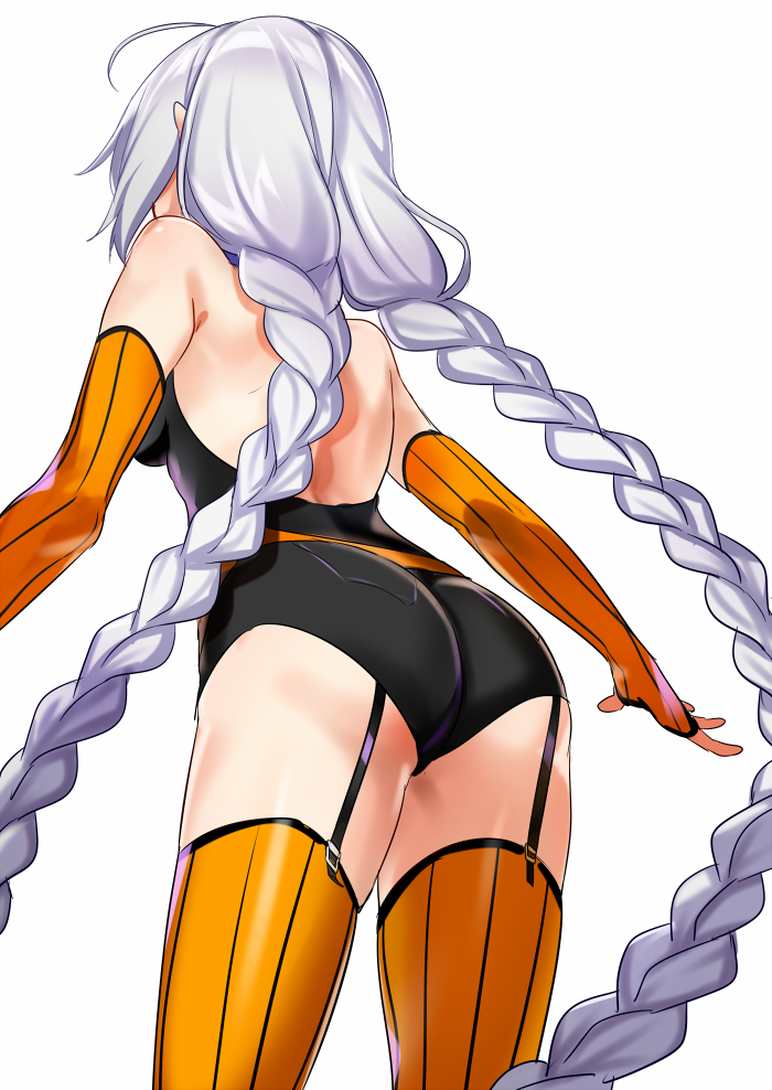 1girl ahoge alternate_costume ass bare_shoulders black_leotard braid breasts elbow_gloves facing_away fingerless_gloves from_behind garter_straps gloves kizuna_akari leaning_forward leotard long_hair medium_breasts orange_gloves orange_legwear silver_hair simple_background solo standing striped striped_legwear thigh-highs twin_braids vertical-striped_gloves vertical-striped_legwear vertical_stripes very_long_hair voiceroid white_background yodare_(3yami8)