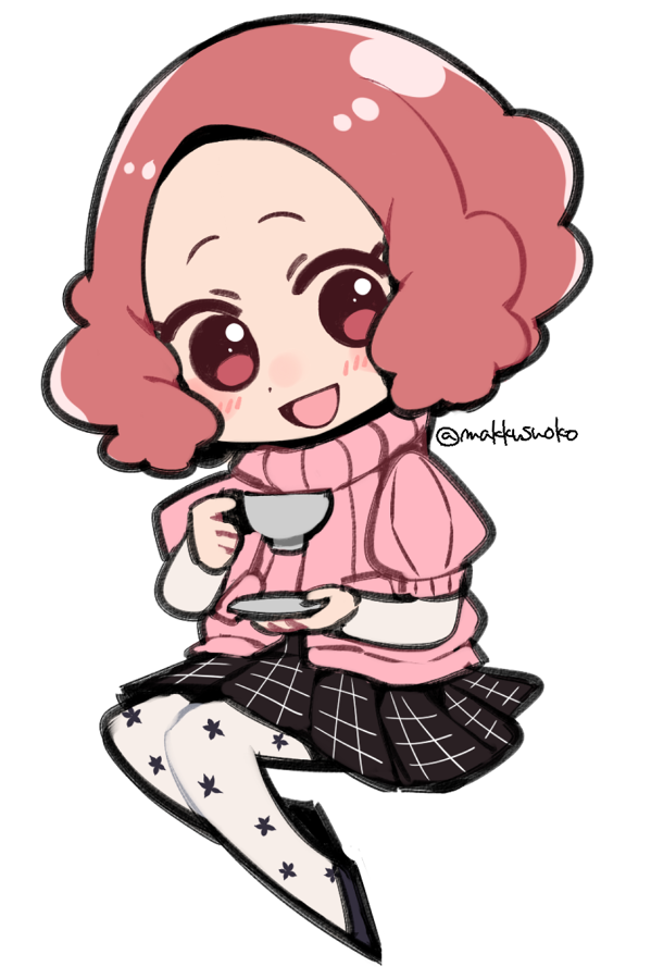 1girl :d atlus blush brown_eyes brown_hair chibi commentary_request cup cute do_m_kaeru floral_print megami_tensei moe okumura_haru open_mouth pantyhose persona persona_5 pink_sweater plaid plaid_skirt print_legwear ribbed_sweater saucer short_hair shuujin_academy_uniform skirt smile solo sweater teacup twitter_username white_legwear