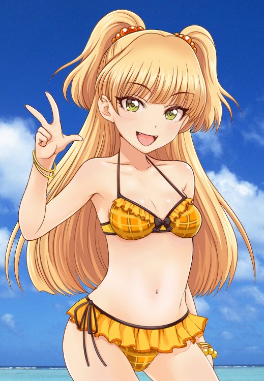 1girl :d armpits bare_shoulders bead_bracelet beads bikini blonde_hair blush bracelet breasts clouds collarbone day fang fangs frilled_bikini frills fukiko_(oreteki18kin) green_eyes jewelry jougasaki_rika long_hair looking_at_viewer navel open_mouth outdoors plaid plaid_bikini small_breasts smile solo swimsuit two_side_up v water yellow_bikini