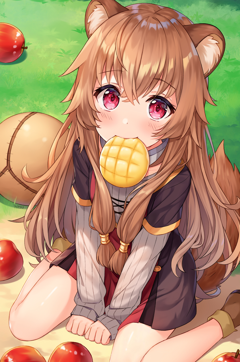 1girl animal_ear_fluff animal_ears apple artist_name ball bangs between_legs blush boots bread brown_footwear brown_hair brown_skirt closed_mouth commentary_request day dot_nose eyebrows_visible_through_hair food food_in_mouth fruit grass grey_shirt hair_between_eyes hand_between_legs highres hitsukuya long_hair long_sleeves looking_at_viewer melon_bread mouth_hold on_ground outdoors raccoon_ears raccoon_girl raccoon_tail raphtalia red_apple red_eyes ribbed_shirt shirt sitting skirt sleeves_past_wrists solo tail tate_no_yuusha_no_nariagari very_long_hair wariza