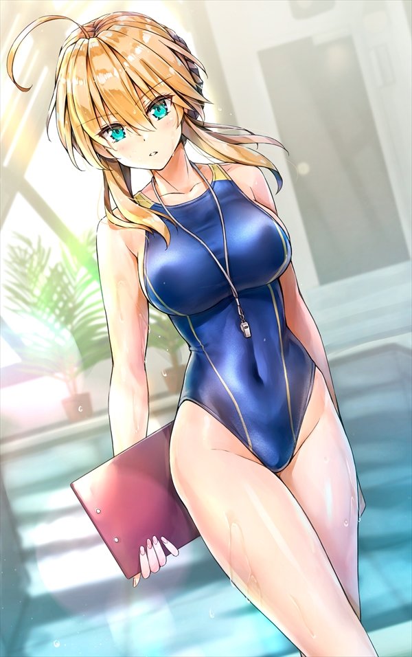 ahoge artoria_pendragon_(all) bangs blonde_hair blue_eyes blue_swimsuit blush braid breasts clipboard covered_navel crown_braid day dutch_angle eyebrows_visible_through_hair fate/grand_order fate_(series) groin holding holding_clipboard indoors kotatsu_(kotatsu358) large_breasts long_hair looking_at_viewer parted_lips plant poolside potted_plant saber solo swimsuit wet whistle whistle_around_neck window