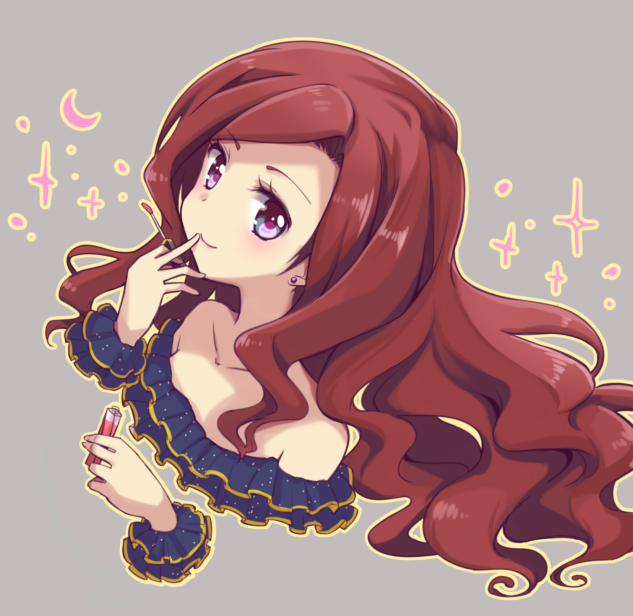 1girl aikatsu!_(series) aikatsu_stars! applying_makeup bare_shoulders brown_hair collarbone cosmetics cropped_shoulders earrings eyebrows_visible_through_hair grey_background jewelry kasumi_yozora long_hair looking_at_viewer makeup off_shoulder quro_(black_river) simple_background smile solo sparkle violet_eyes wavy_hair