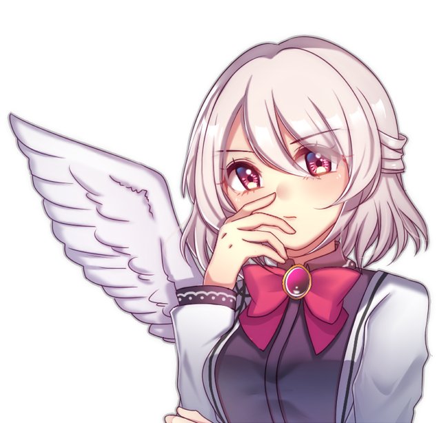 1girl bangs blush bow bowtie breasts brooch eyebrows_visible_through_hair feathered_wings grey_jacket hair_between_eyes itsuki_(yishu) jacket jewelry kishin_sagume long_sleeves looking_at_viewer medium_breasts open_clothes open_jacket red_bow red_eyes red_neckwear short_hair silver_hair simple_background single_wing solo touhou upper_body white_background white_wings wings