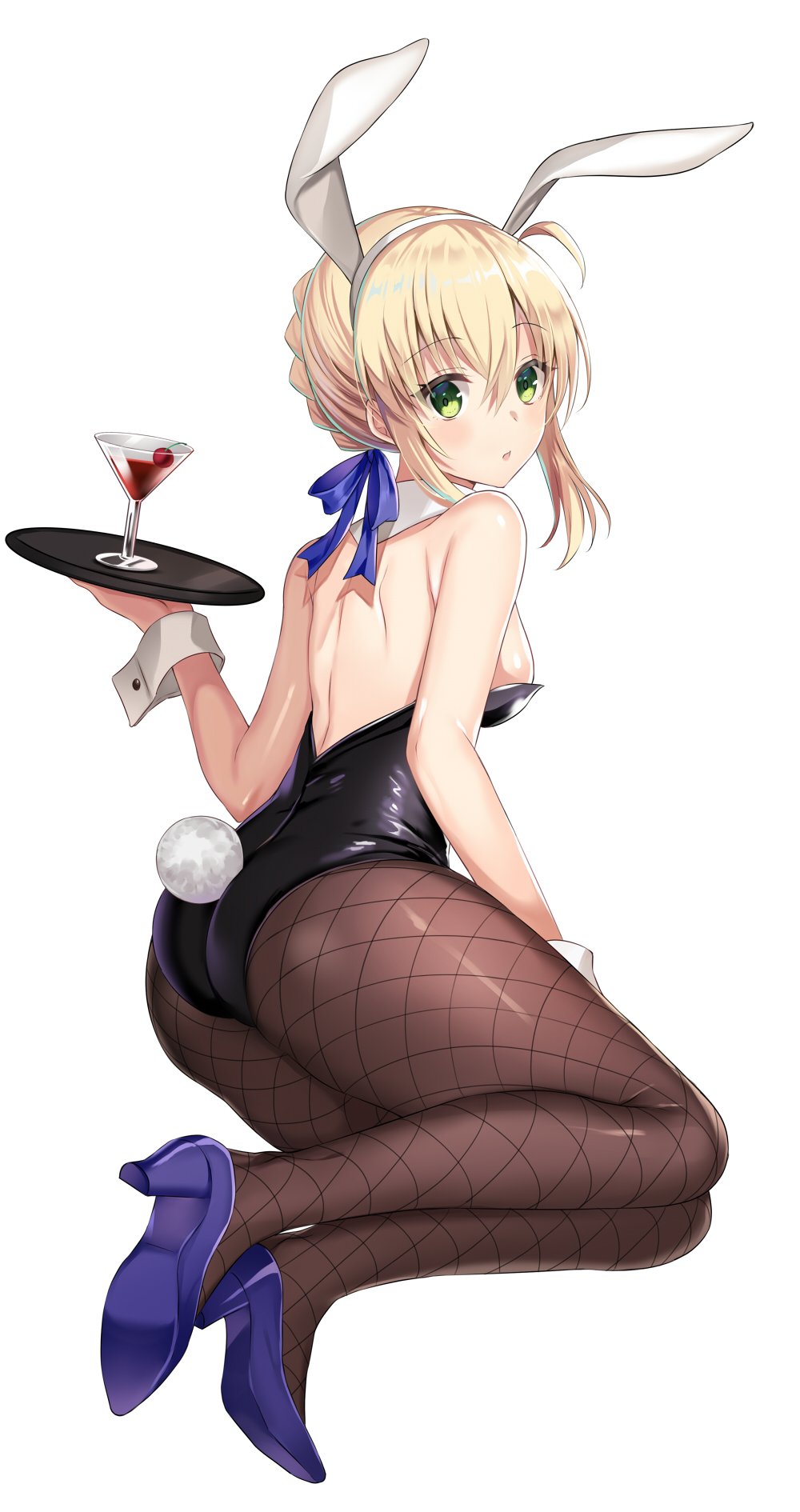 1girl animal_ears artoria_pendragon_(all) ass bangs bare_shoulders blue_footwear blue_ribbon braid breasts bunny_tail bunnysuit commentary_request drink eyebrows_visible_through_hair fate/grand_order fate_(series) fishnet_pantyhose fishnets from_behind green_eyes harimoji highres holding holding_plate looking_at_viewer medium_breasts pantyhose plate pumps rabbit_ears ribbon saber shoes short_hair solo tail