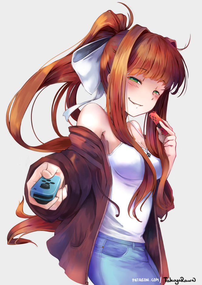 1girl bangs blush breasts brown_hair camisole casual commentary controller denim doki_doki_literature_club english_commentary eyebrows_visible_through_hair game_controller gamepad green_eyes grin hair_intakes hair_ribbon half-closed_eyes jeans joy-con long_hair looking_at_viewer monika_(doki_doki_literature_club) nintendo_switch off-shoulder_jacket outstretched_hand pants ponytail ribbon sidelocks small_breasts smile solo spaghetti_strap takuyarawr white_background white_ribbon