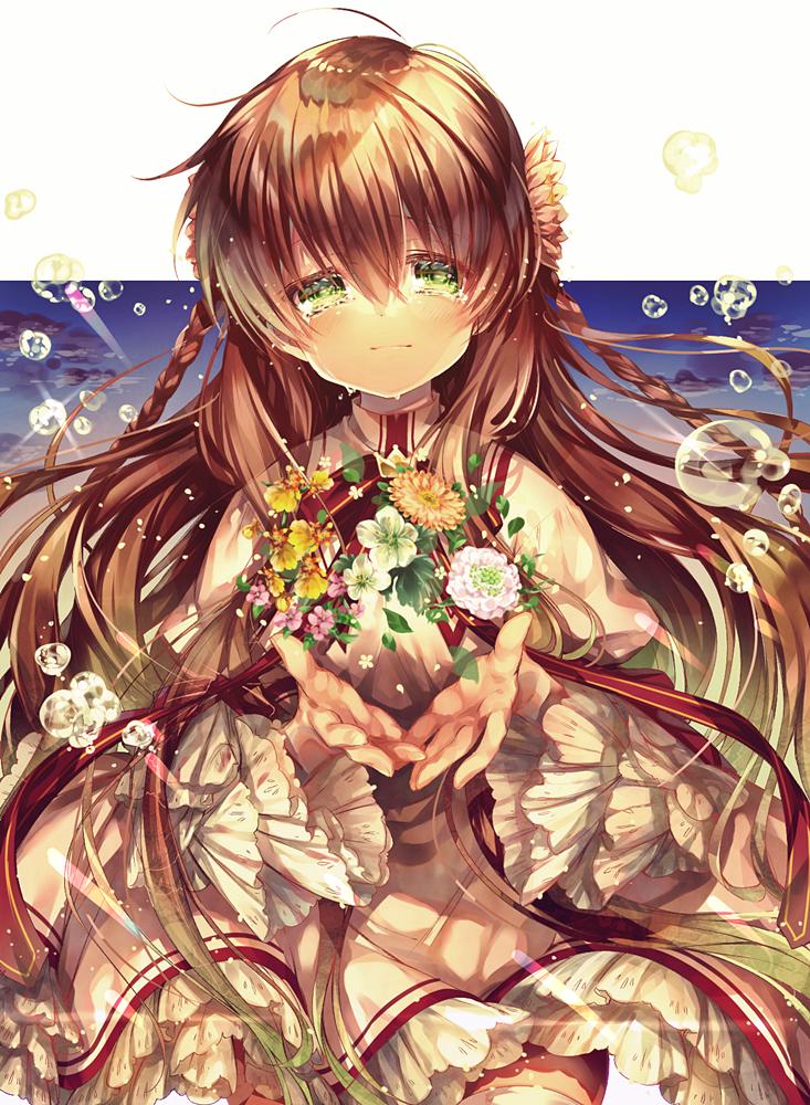 1girl braid brown_hair chi_no clouds cowboy_shot flower gradient_sky green_eyes hair_flower hair_ornament kanbe_kotori long_hair looking_at_viewer rewrite school_uniform sky solo sunset tears twin_braids water