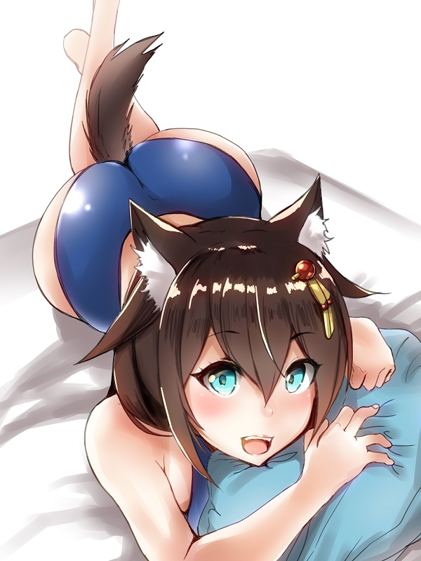 1girl ahoge alternate_costume animal_ears artist_logo ass barefoot bed_sheet blue_eyes blue_swimsuit braid breast_press breasts brown_hair eureka_(eureka-0075) eyebrows_visible_through_hair from_above hair_between_eyes hair_flaps hair_over_shoulder kantai_collection looking_at_viewer lying on_bed on_stomach open_mouth pillow remodel_(kantai_collection) shigure_(kantai_collection) simple_background smile solo swimsuit tail white_background wolf_ears wolf_tail